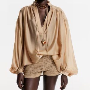 H&M White Lotus Balloon Sleeve Blouse